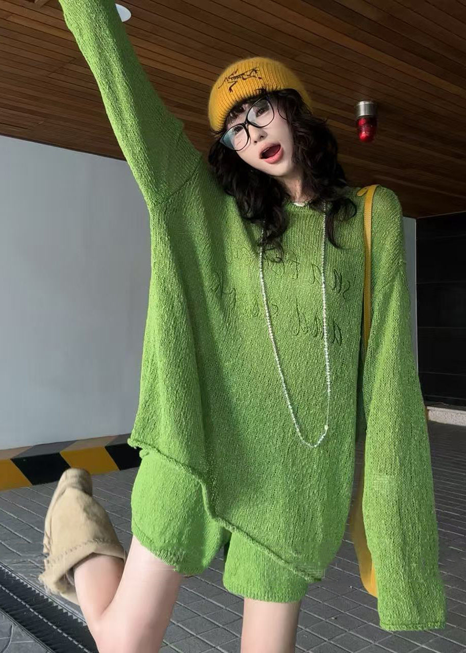 Casual Grass Green Embroidered Letter Knit Two-Piece Set Spring