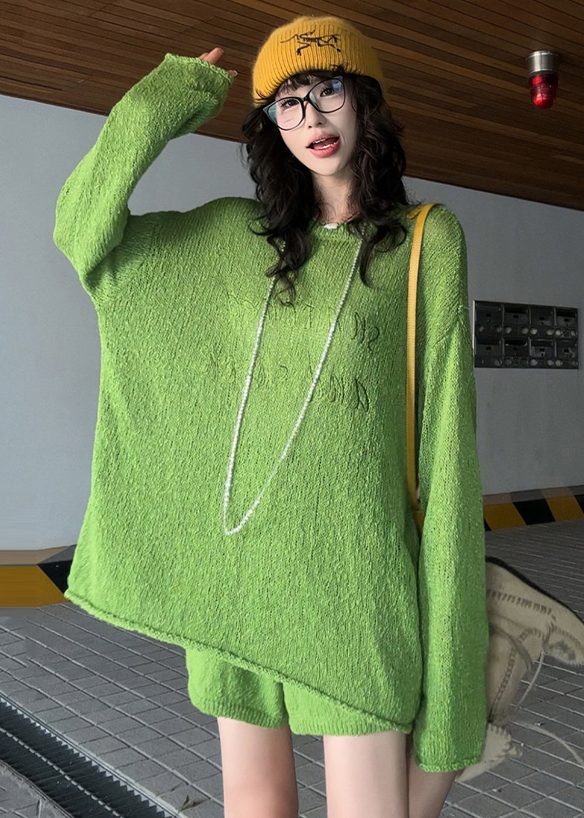 Casual Grass Green Embroidered Letter Knit Two-Piece Set Spring