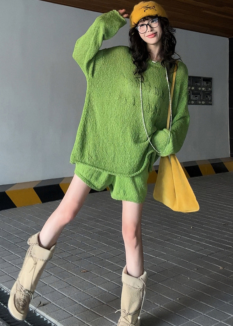 Casual Grass Green Embroidered Letter Knit Two-Piece Set Spring