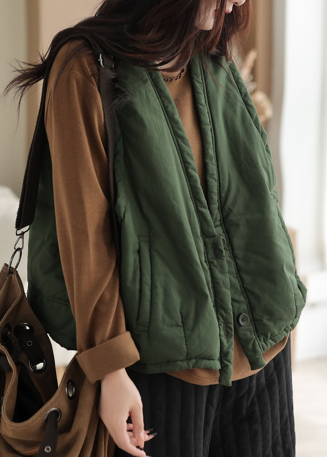 Casual Grass Green V Neck Thick Waistcoat Sleeveless