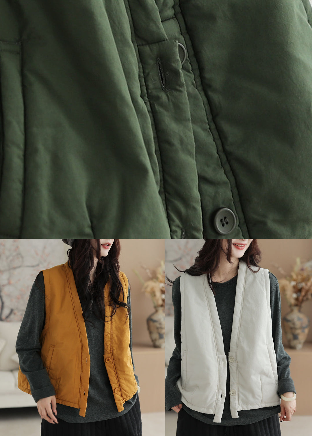 Casual Grass Green V Neck Thick Waistcoat Sleeveless
