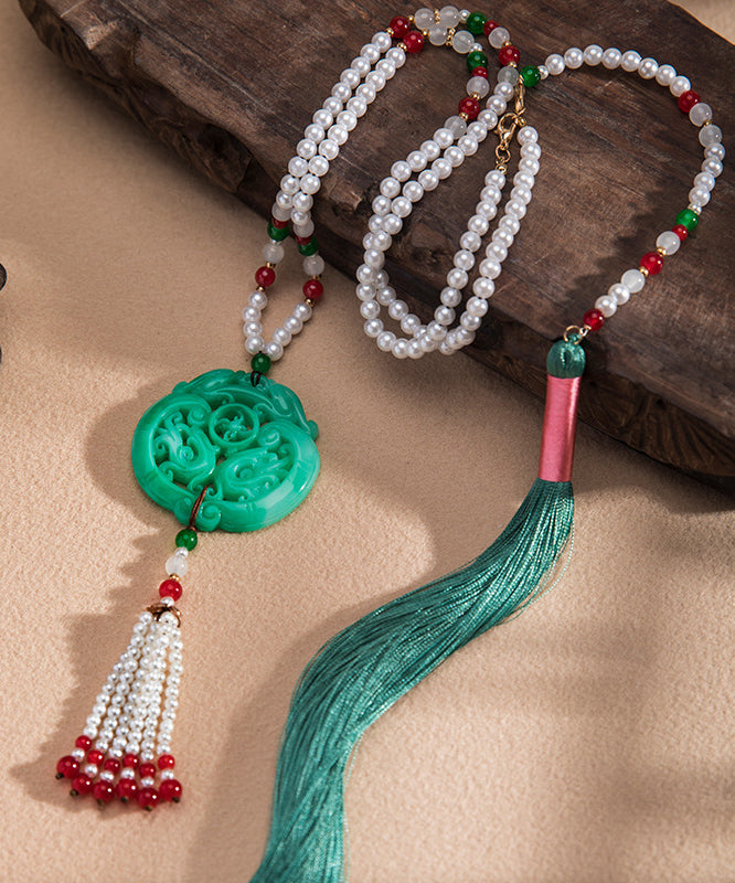 Casual Green Alloy Jade Pearl Beading Tassel Pendant Necklace