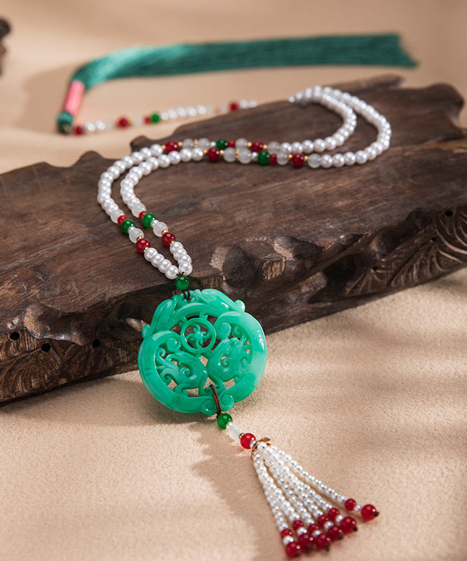 Casual Green Alloy Jade Pearl Beading Tassel Pendant Necklace