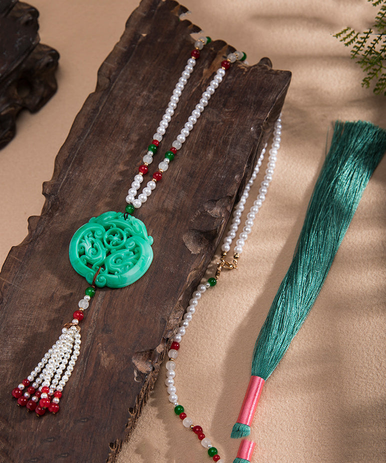 Casual Green Alloy Jade Pearl Beading Tassel Pendant Necklace