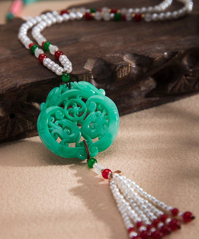 Casual Green Alloy Jade Pearl Beading Tassel Pendant Necklace