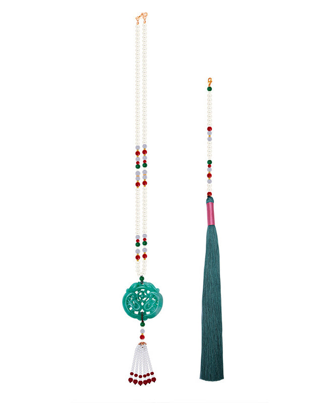 Casual Green Alloy Jade Pearl Beading Tassel Pendant Necklace