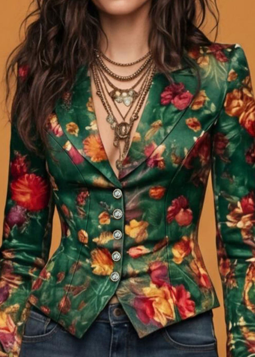 Casual Green Button Print Cotton Suit Coat Fall