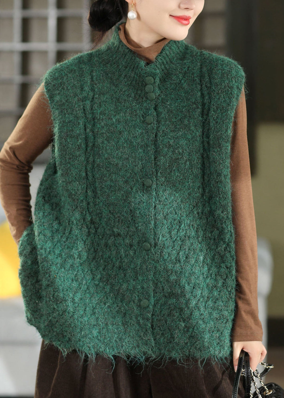 Casual Green Button Solid Cotton Knit Waistcoat Sleeveless