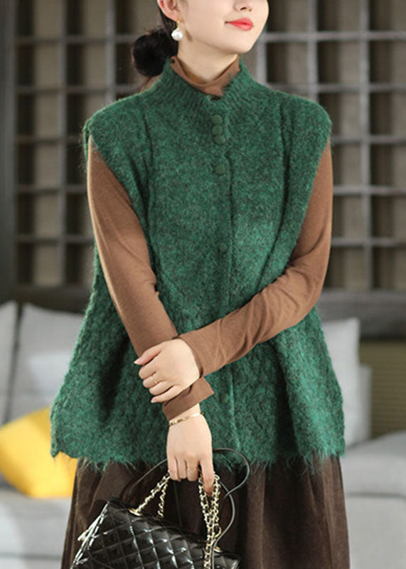 Casual Green Button Solid Cotton Knit Waistcoat Sleeveless