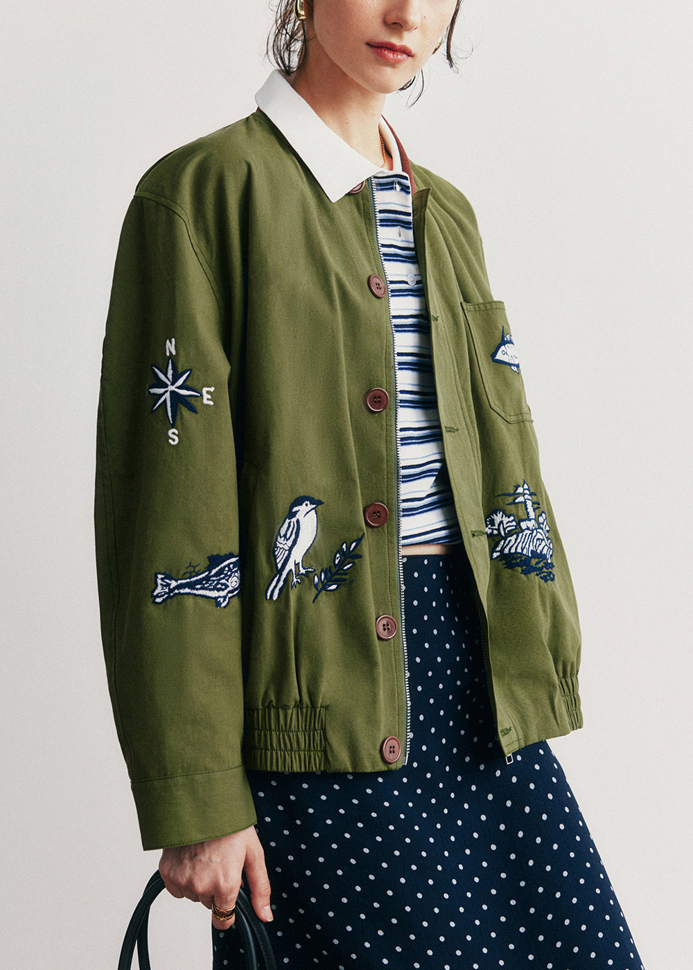 Casual Green Embroidered Pockets Button Cotton Jacket Fall