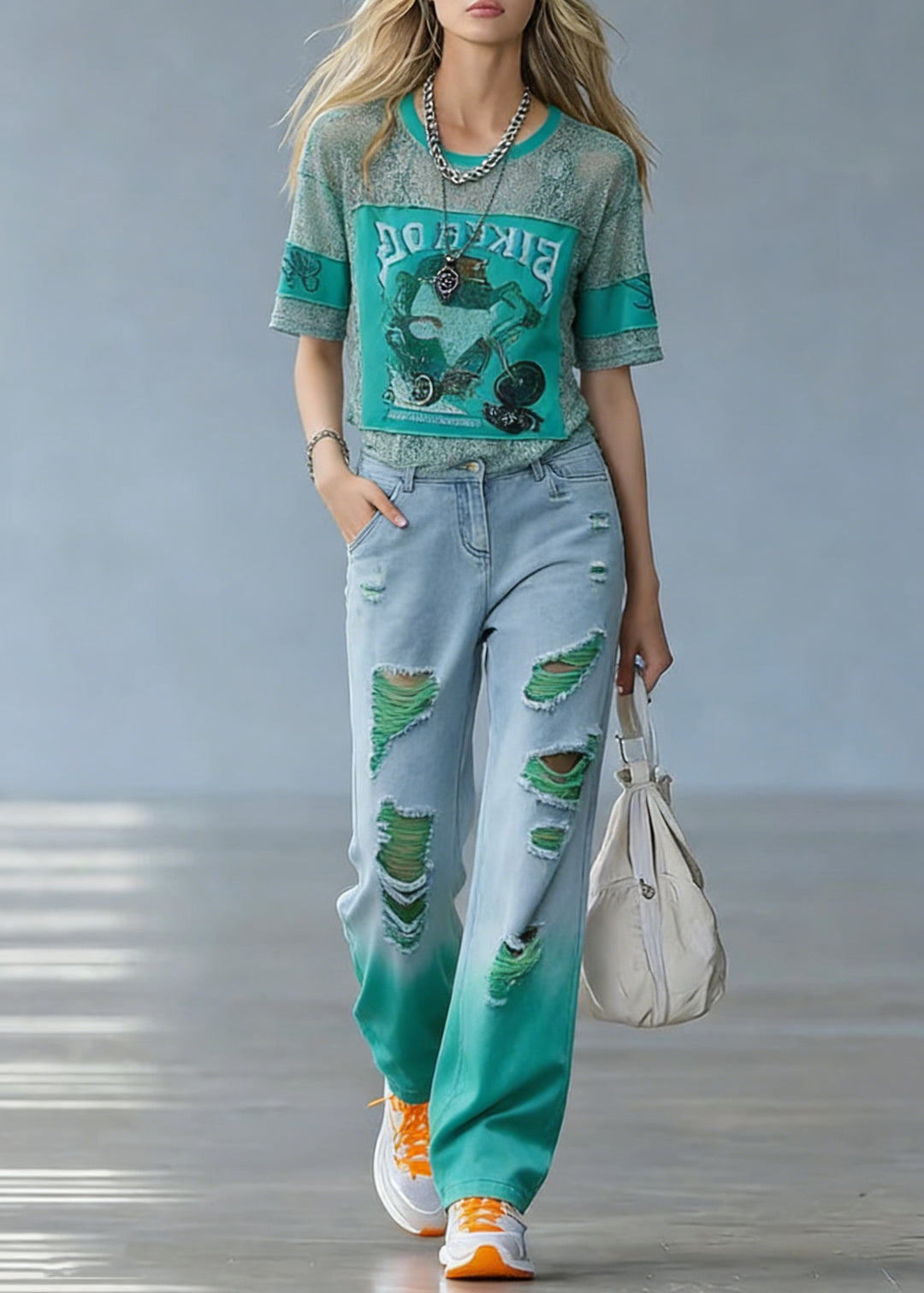 Casual Green O-Neck Print Hole Denim T Shirt And Straight Pants Two Pieces Set Short Sleeve - Omychic