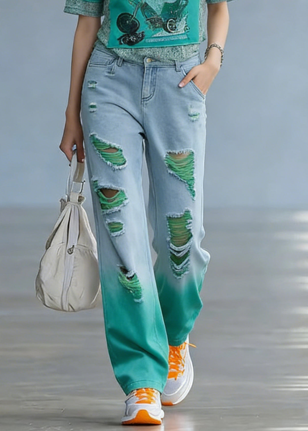 Casual Green O-Neck Print Hole Denim T Shirt And Straight Pants Two Pieces Set Short Sleeve - Omychic