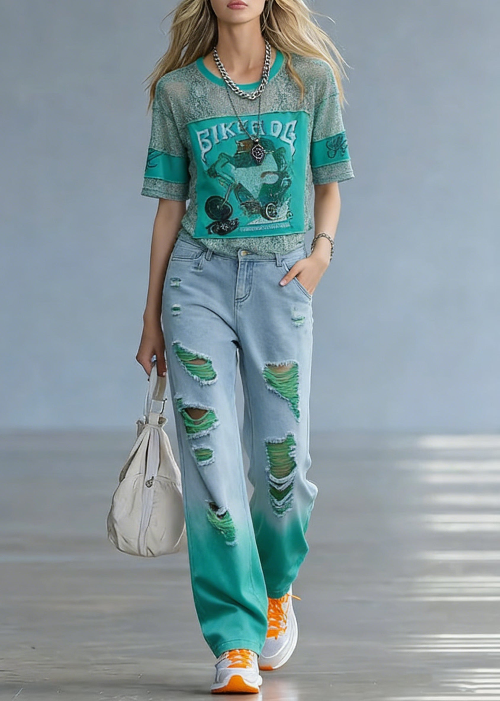 Casual Green O-Neck Print Hole Denim T Shirt And Straight Pants Two Pieces Set Short Sleeve - Omychic