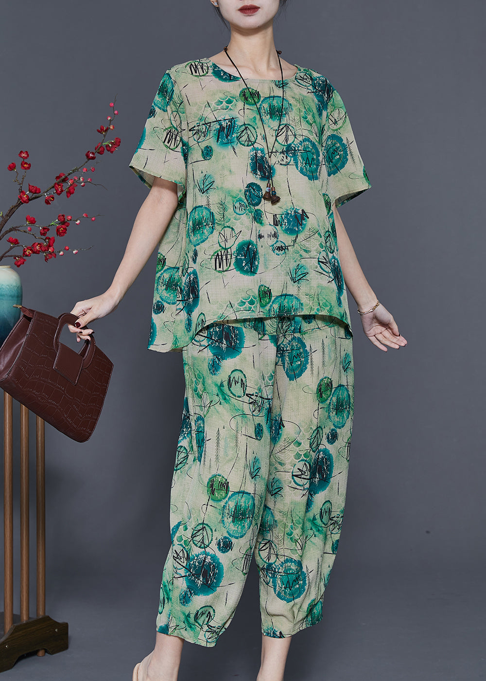 Casual Green Oversized Print Linen Two Piece Set Summer