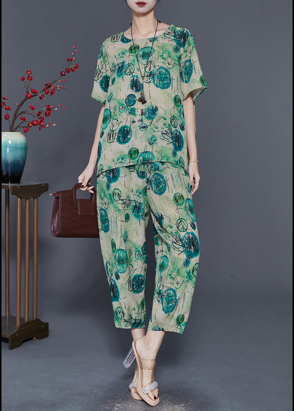 Casual Green Oversized Print Linen Two Piece Set Summer