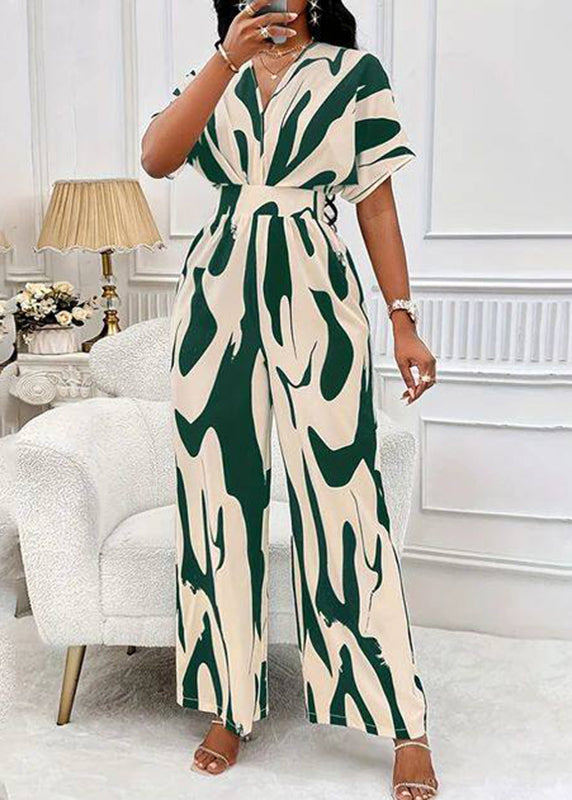 Casual Green Patchwork Tunic Jumpsuit Short Sleeve