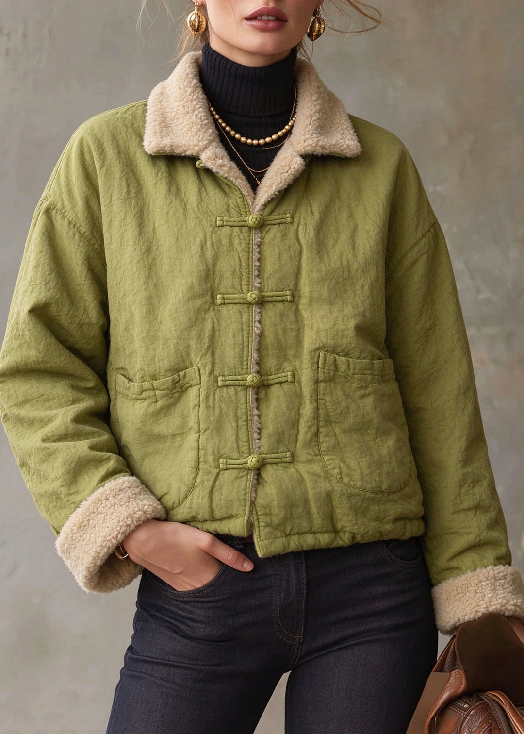 Casual Green Peter Pan Collar Pockets Fuzzy Wool Lined Linen Parka Long Sleeve
