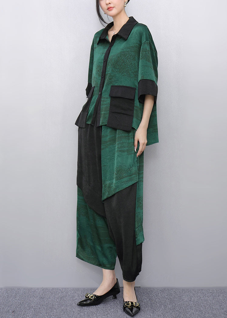 Casual Green Peter Pan Collar Top And Wide Leg Pants Two Pieces Set Summer