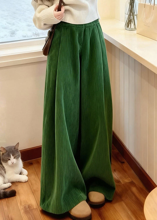Casual Green Pockets Corduroy Wide Leg Pants Spring