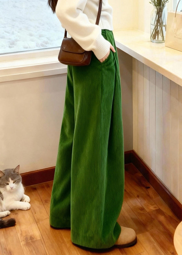 Casual Green Pockets Corduroy Wide Leg Pants Spring