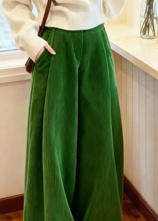 Casual Green Pockets Corduroy Wide Leg Pants Spring