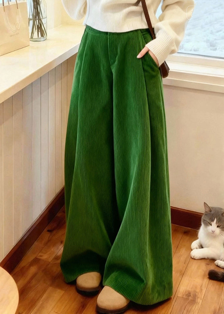 Casual Green Pockets Corduroy Wide Leg Pants Spring