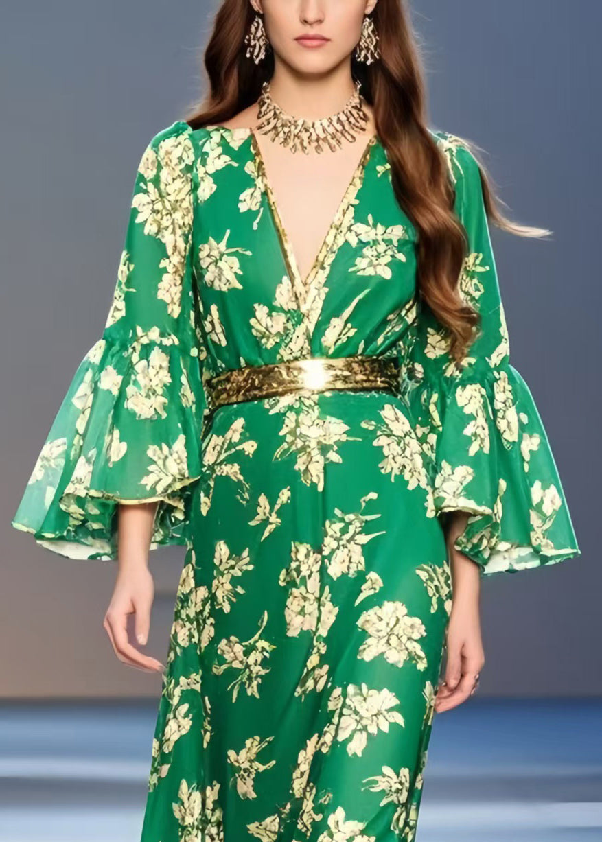 Casual Green Print Chiffon Tunic Dress Flare Sleeve