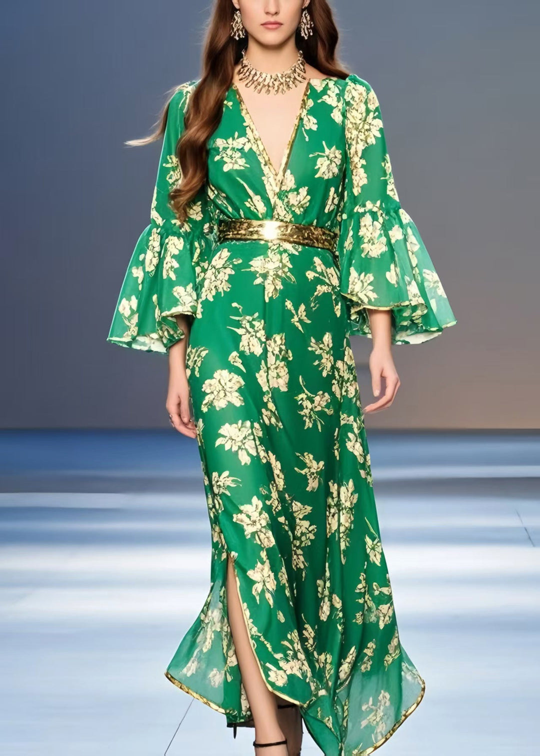 Casual Green Print Chiffon Tunic Dress Flare Sleeve