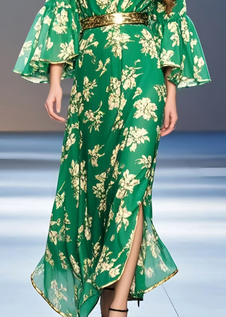 Casual Green Print Chiffon Tunic Dress Flare Sleeve