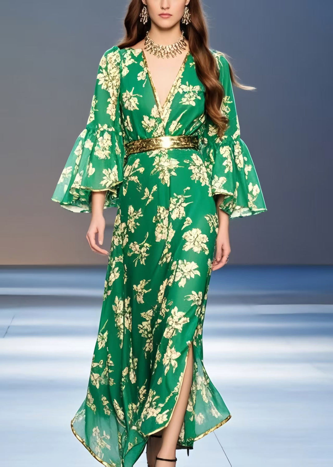 Casual Green Print Chiffon Tunic Dress Flare Sleeve
