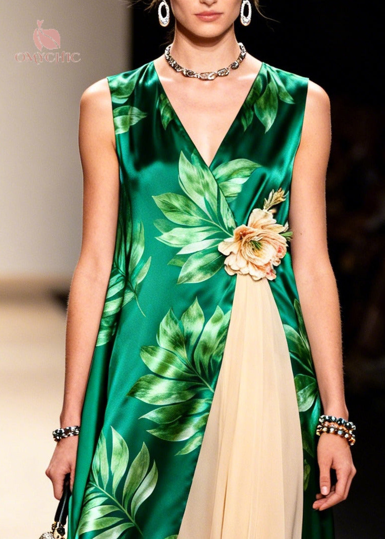 Casual Green Print Handmade Flower Chiffon Long Dress Sleeveless