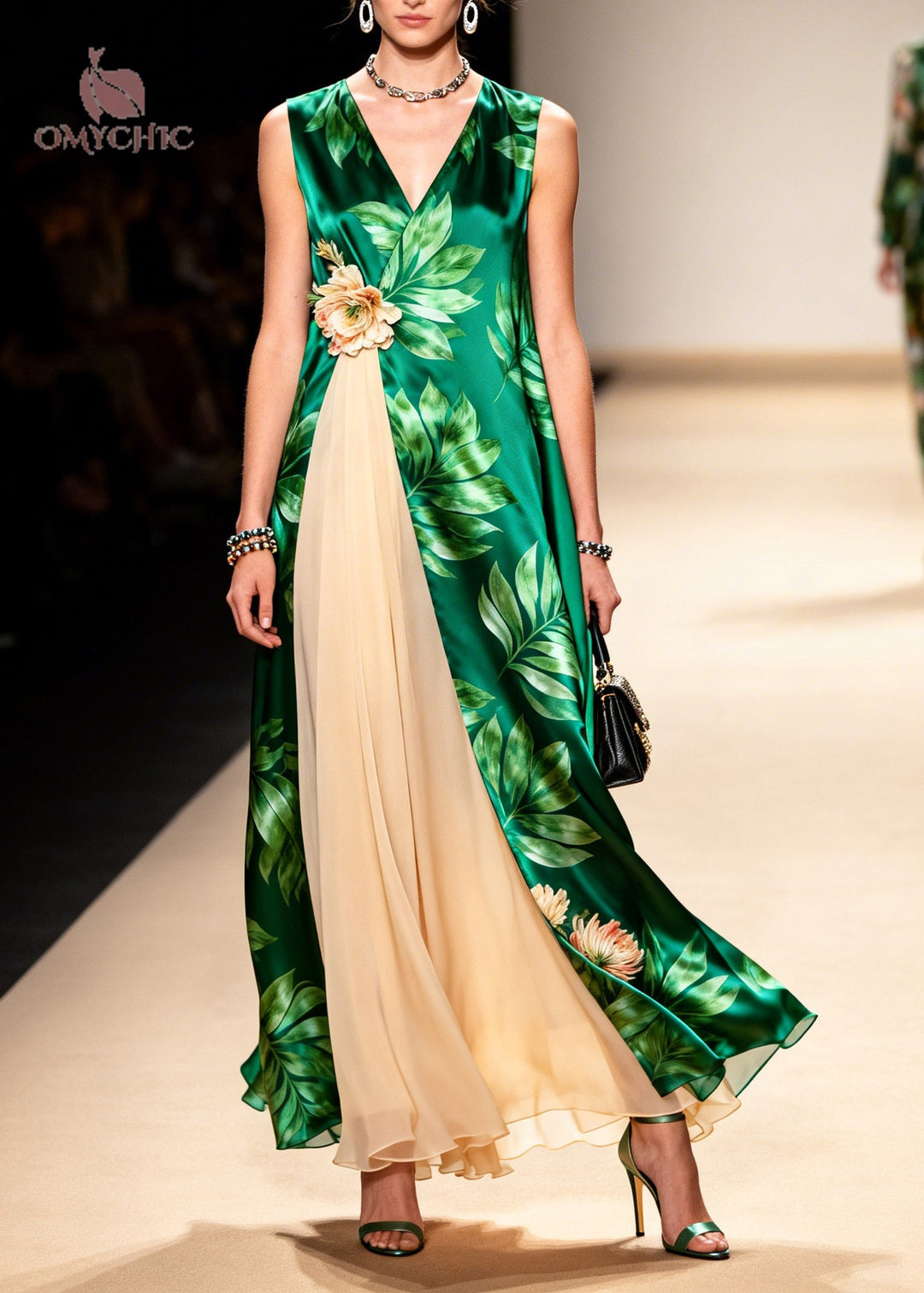 Casual Green Print Handmade Flower Chiffon Long Dress Sleeveless