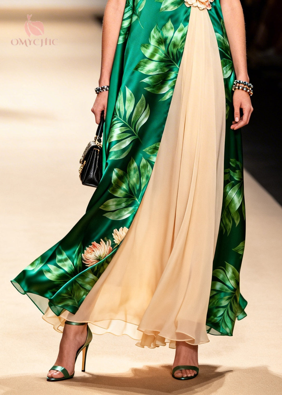 Casual Green Print Handmade Flower Chiffon Long Dress Sleeveless