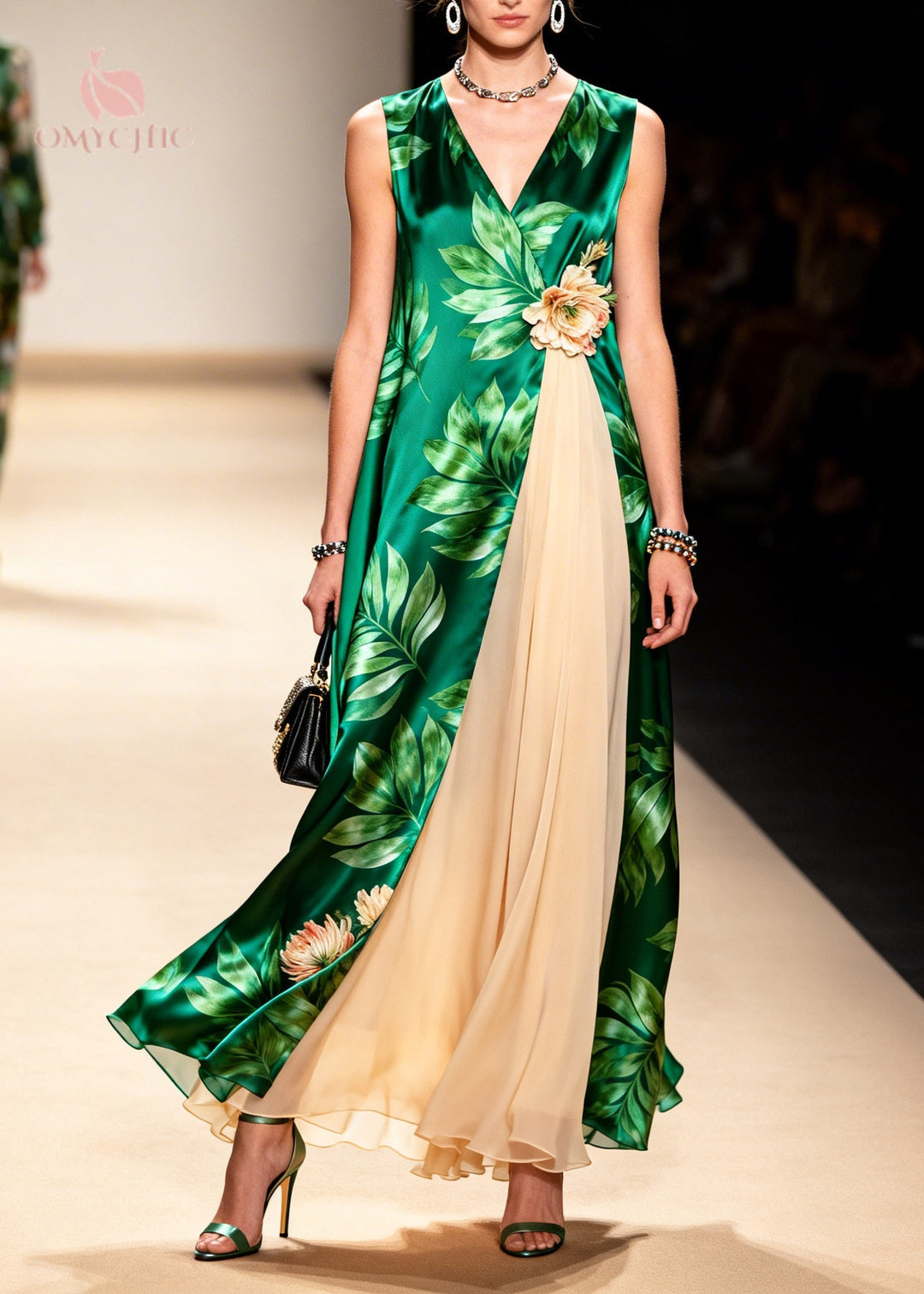 Casual Green Print Handmade Flower Chiffon Long Dress Sleeveless