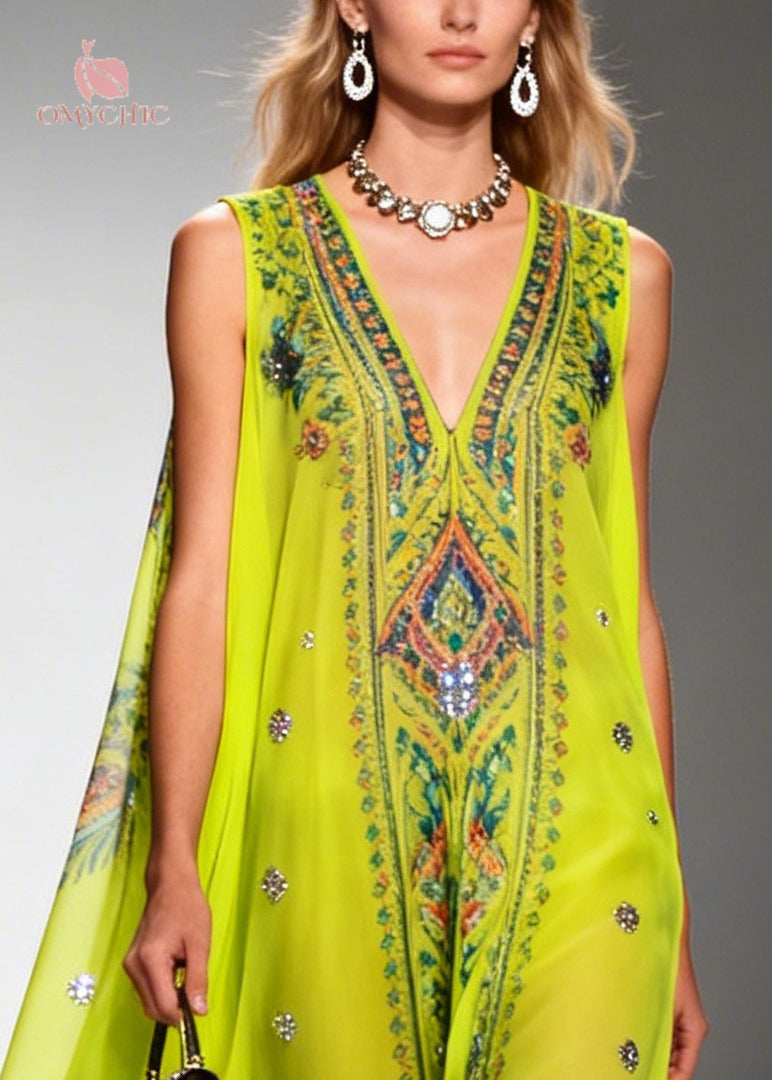 Casual Green Print Sparkly Draping Chiffon Holiday Dresses Summer