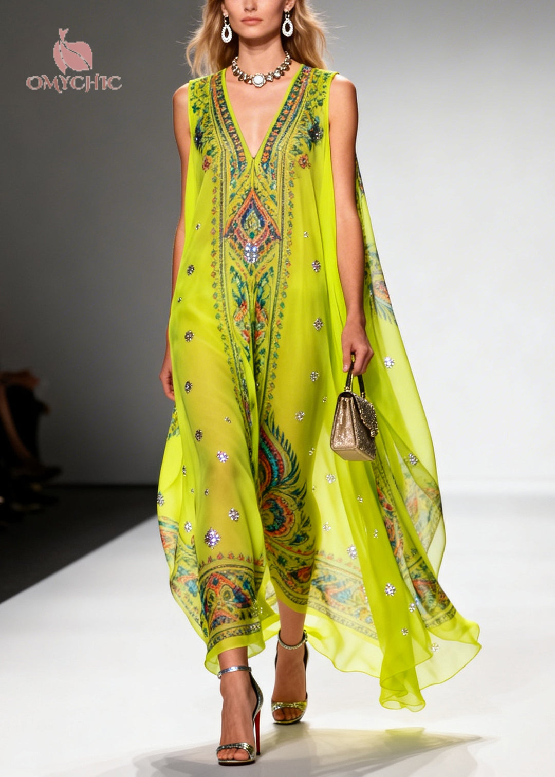 Casual Green Print Sparkly Draping Chiffon Holiday Dresses Summer