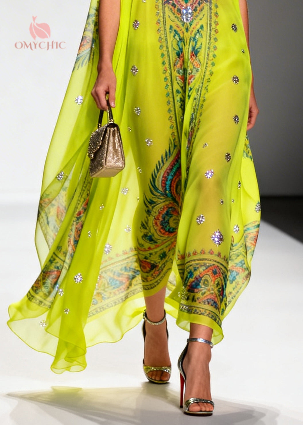 Casual Green Print Sparkly Draping Chiffon Holiday Dresses Summer