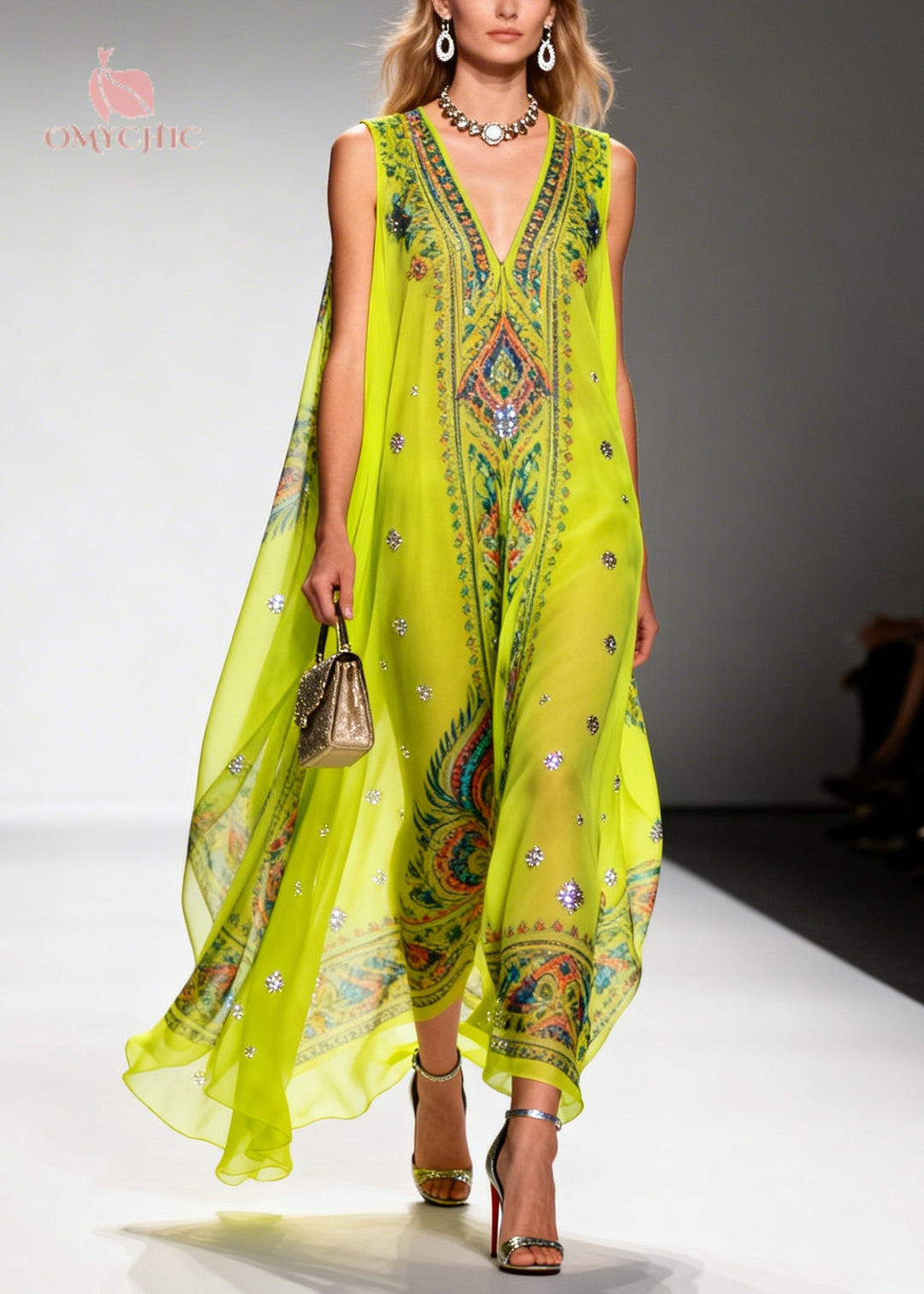 Casual Green Print Sparkly Draping Chiffon Holiday Dresses Summer