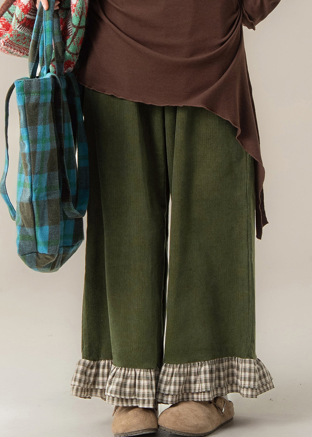Casual Green Ruffled Patchwork High Waist Wide Leg Pants