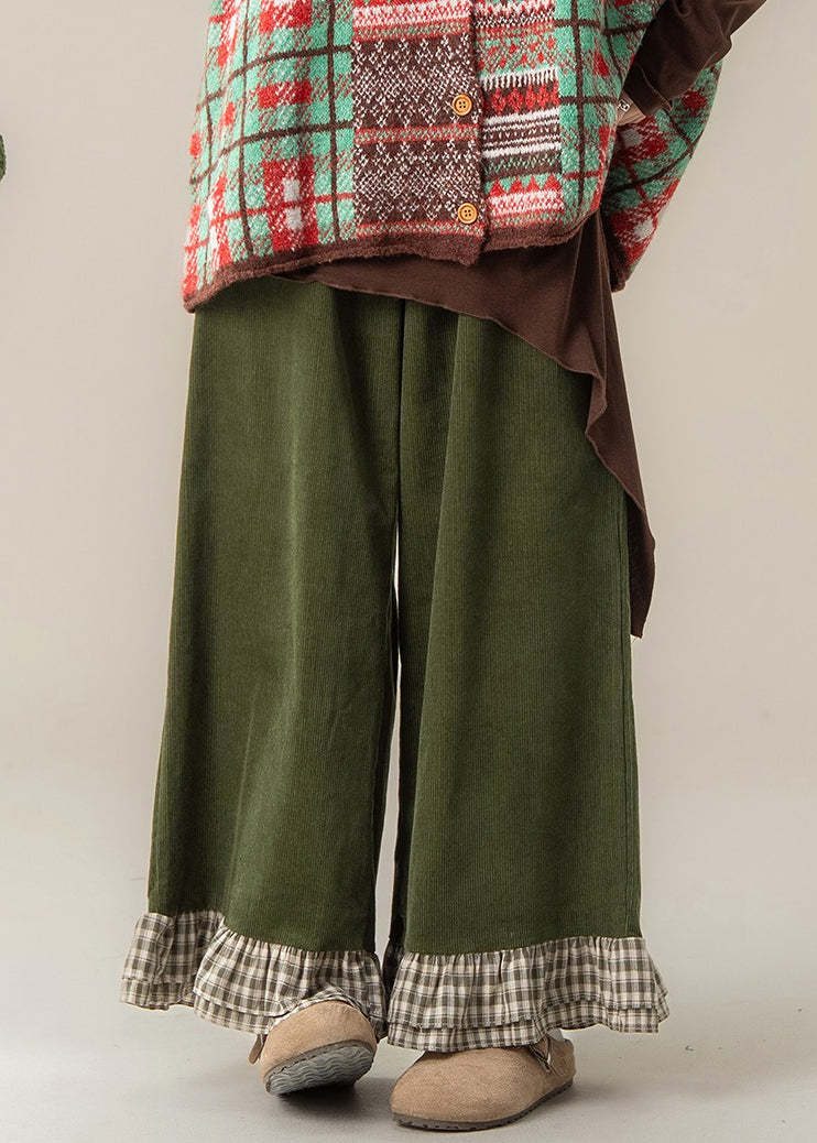 Casual Green Ruffled Patchwork High Waist Wide Leg Pants
