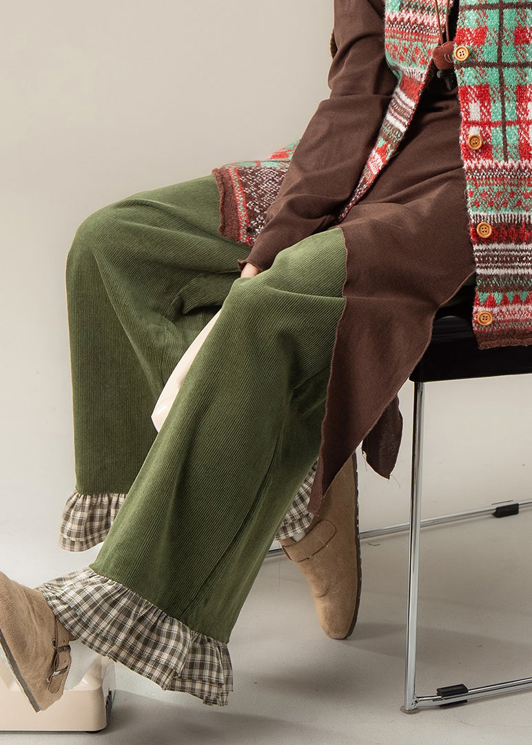 Casual Green Ruffled Patchwork High Waist Wide Leg Pants