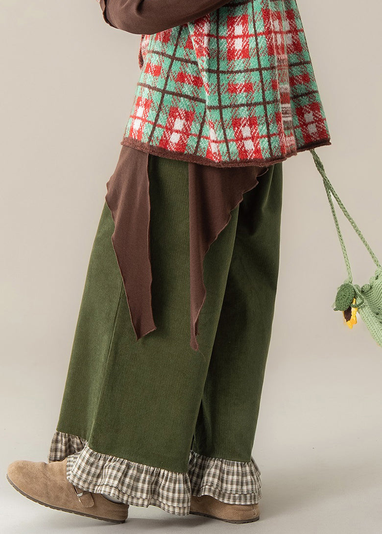 Casual Green Ruffled Patchwork High Waist Wide Leg Pants