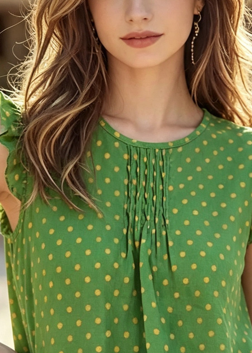 Casual Green Ruffled Print Chiffon Top Summer
