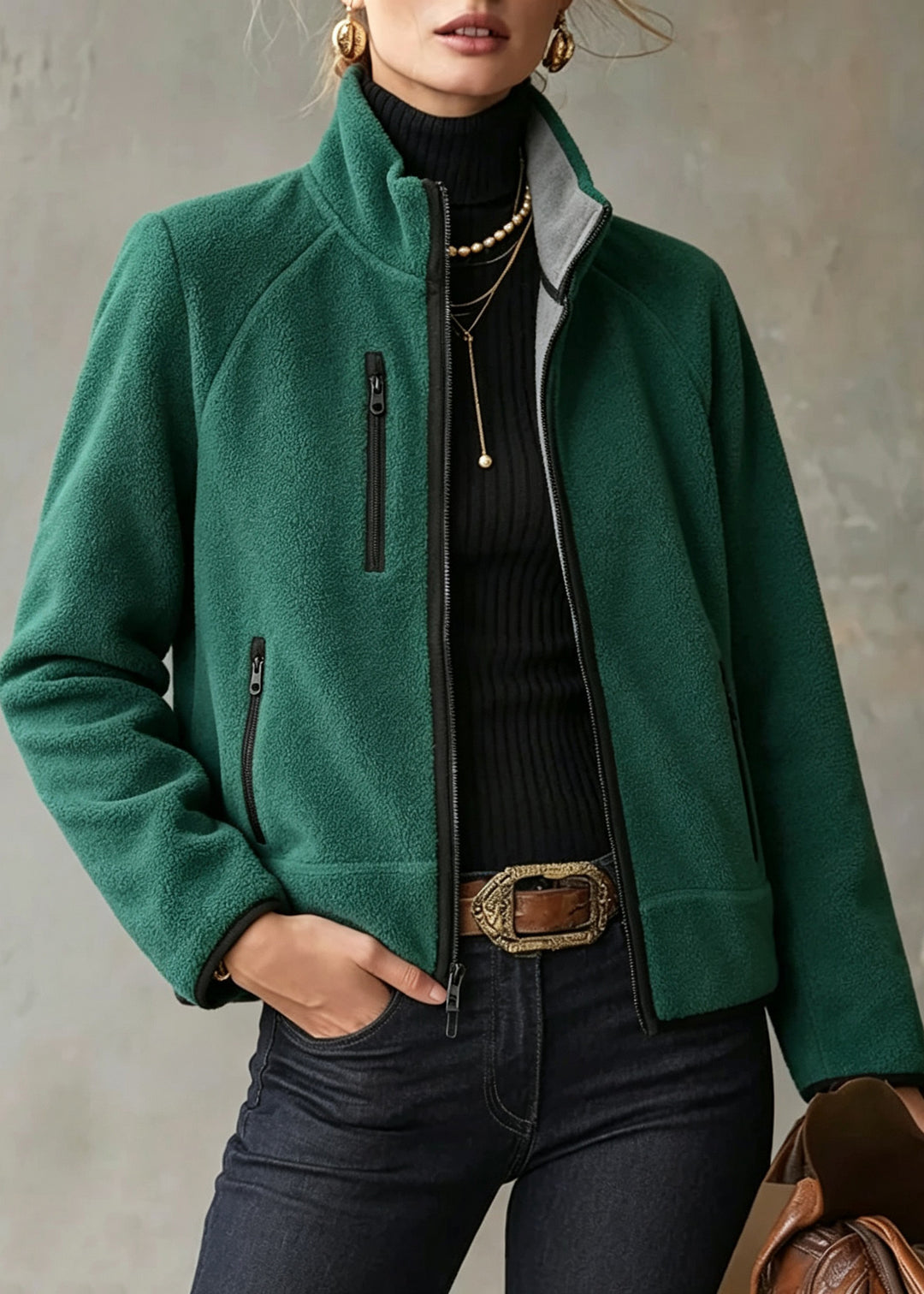 Casual Green Stand Collar Zippered Patchwork Coat Long Sleeve