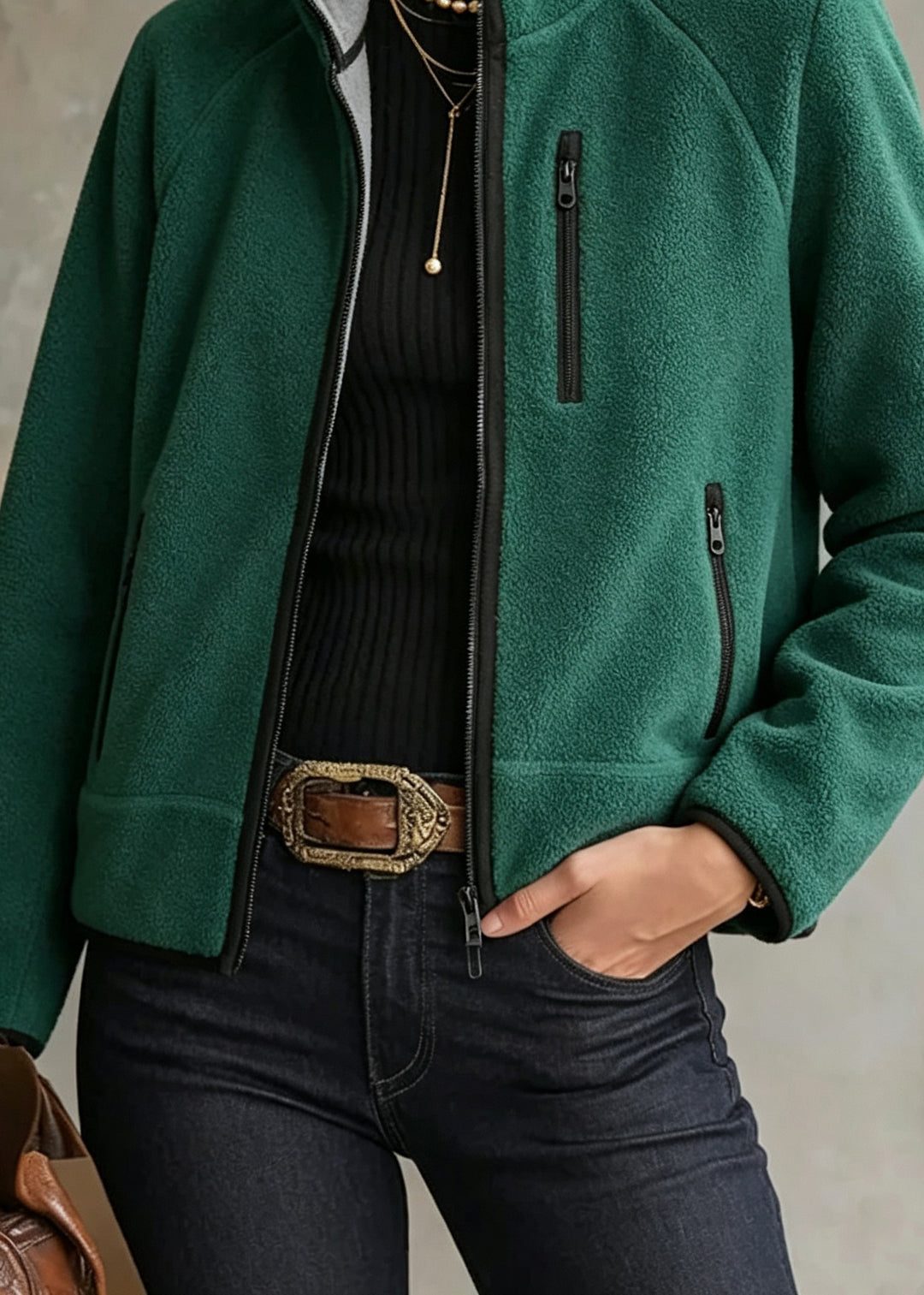 Casual Green Stand Collar Zippered Patchwork Coat Long Sleeve