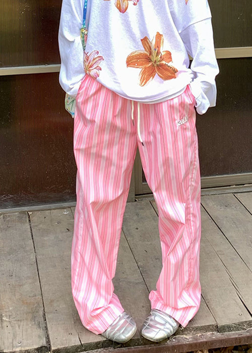 Casual Green Striped Pockets Elastic Waist Cotton Pants Summer