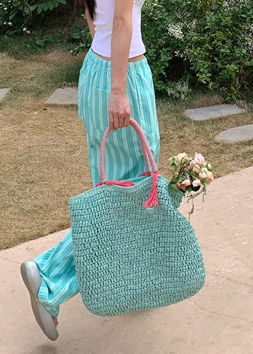 Casual Green Striped Pockets Elastic Waist Cotton Pants Summer