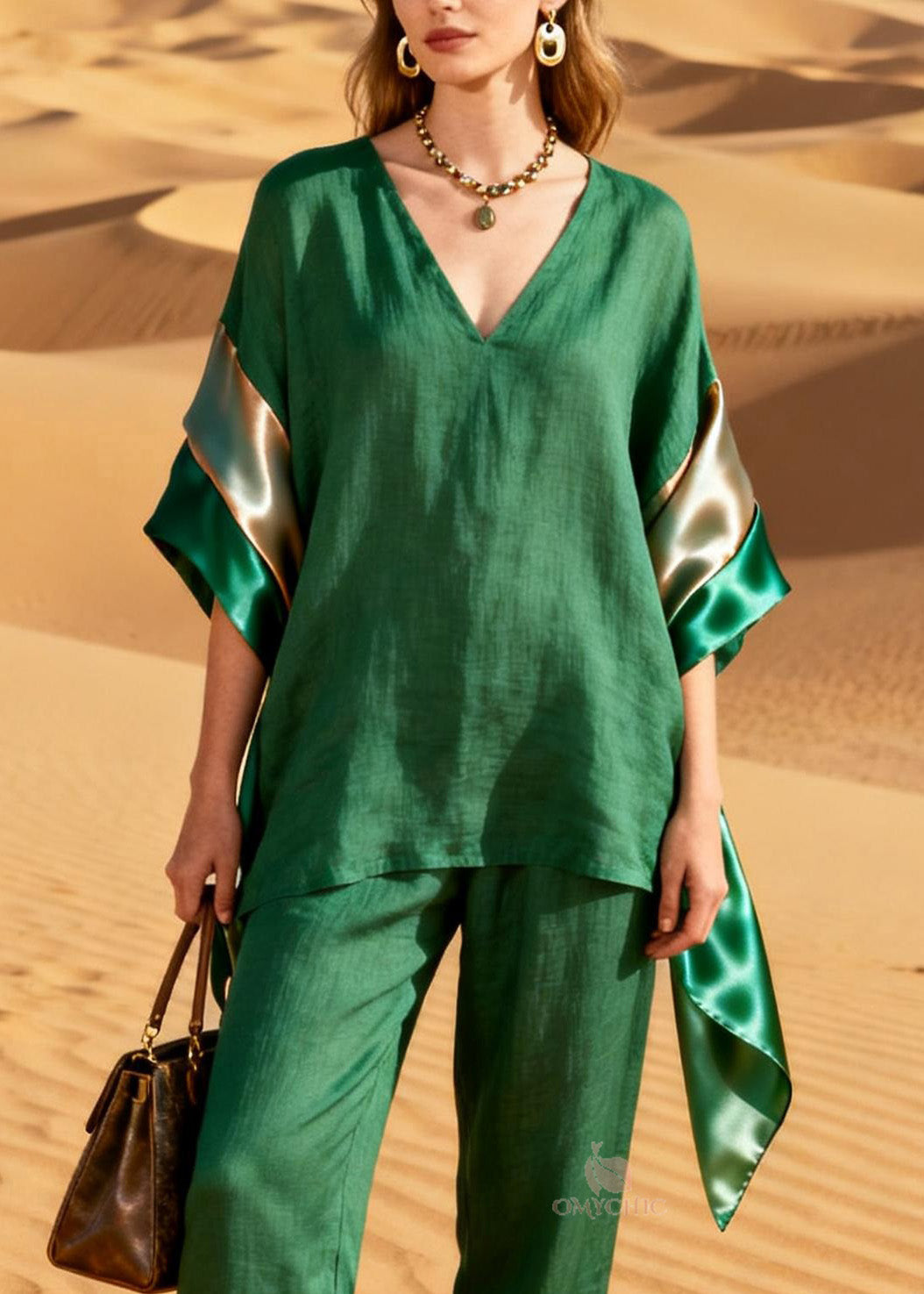 Casual Green Top And Pants Patchwork Linen Silk Two Pieces Set Summer