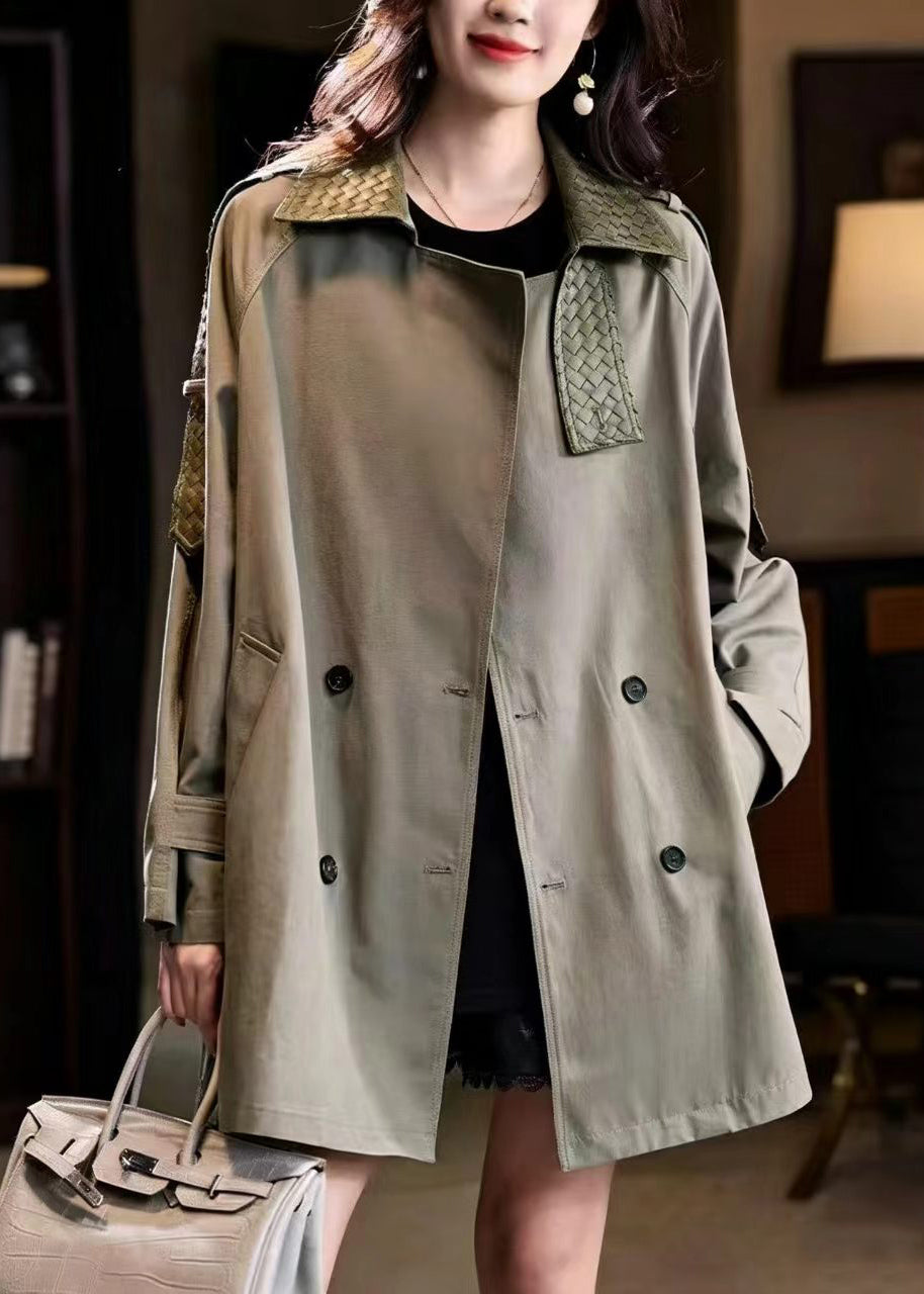 Casual Green Turn-Down Collar Patchwork Woven Faux Leather Coat Outwear Fall