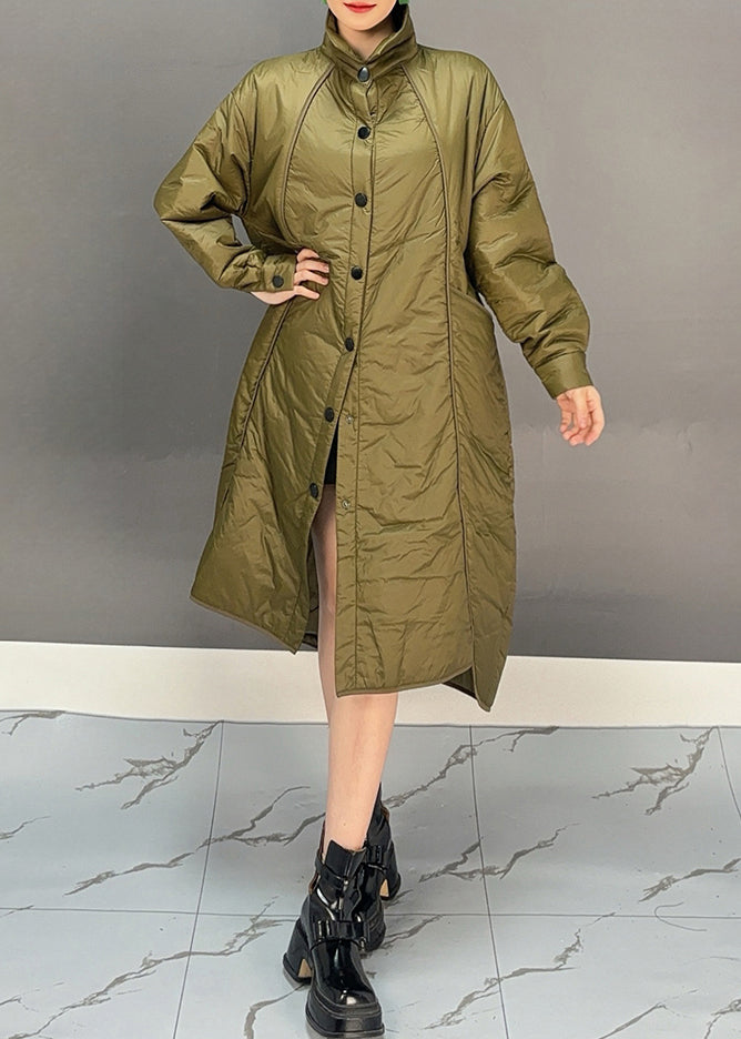 Casual Green Turtleneck Pockets Button Low High Design Thick Parka Winter